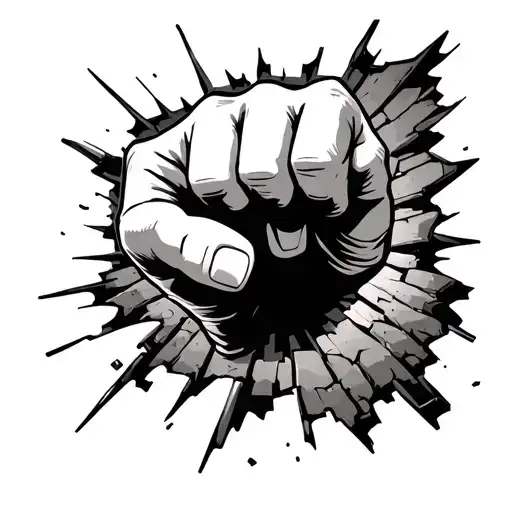 “A black and grey realistic tattoo design showing a powerful fist breaking through a cracked stone wall, symbolizing str tattoo design idea