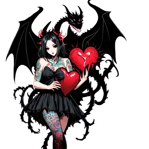 tattooed anime demon girl holding a shattered heart surrounded by a voodoo black dragon tattoo design idea