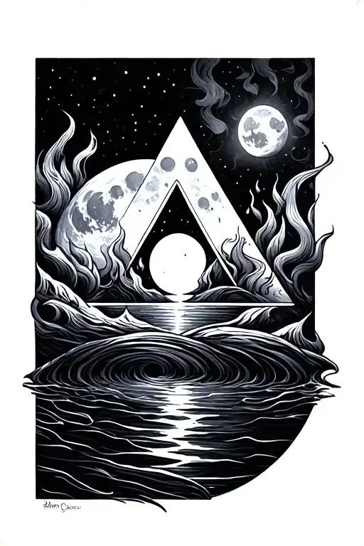 moon, triangle of water and fire, the prhase "dalla terra alla luna" tattoo design idea