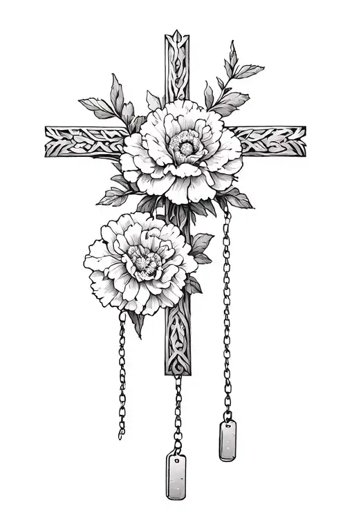 cross with carnations and dog tags hanging tattoo design idea