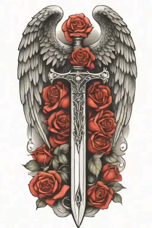 angel wings behind a sword, roses tattoo design idea