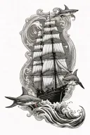 ship sailing with sharks, with waves on background half sleeve tattoo design idea