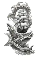 ship sailing with sharks, with waves on background half sleeve tattoo design idea