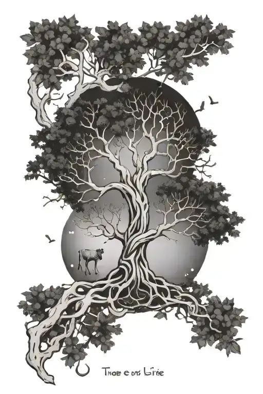 tree of life with taurus, Virgo, and libra zodiac constellations woven into the branches.  tattoo design idea