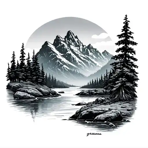 wolf mountains river beach scene tattoo design idea