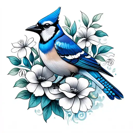 blue jay with carnations and snowdrops tattoo design idea