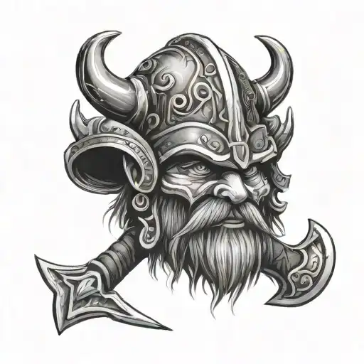 undead, dwarf, hyper realistic, axe, dwarven helmet tattoo design idea