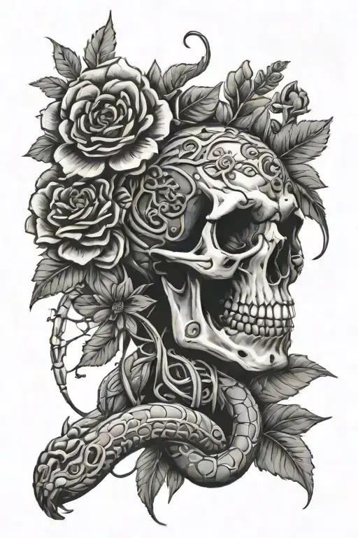 snake skeleton and flowers tattoo design idea