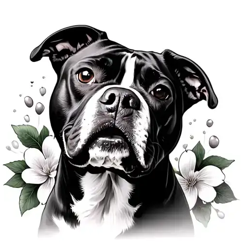 Pitbull face with cherry flowers tattoo design idea