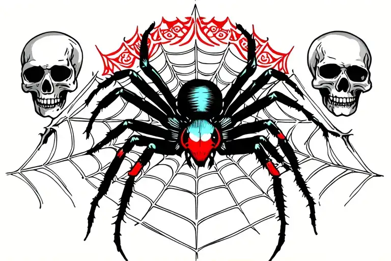 a black widow spider in the middle with webs and skulls on both side tattoo design idea