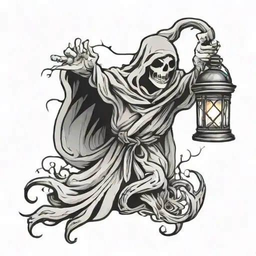 ghost with lantern and pumpkin tattoo design idea