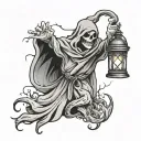 ghost with lantern and pumpkin tattoo design idea