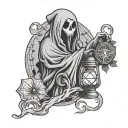 ghost with lantern and pumpkin tattoo design idea