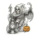 ghost with lantern and pumpkin tattoo design idea