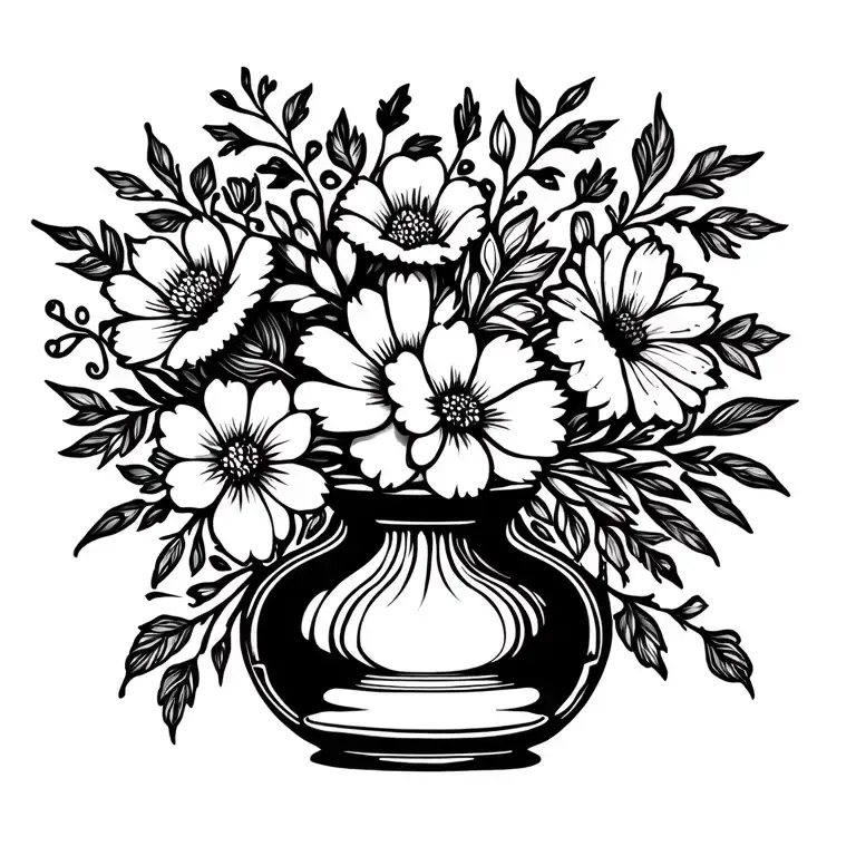 tradational style, flower vase, with April and December birth flowers, and filler flowers tattoo design idea