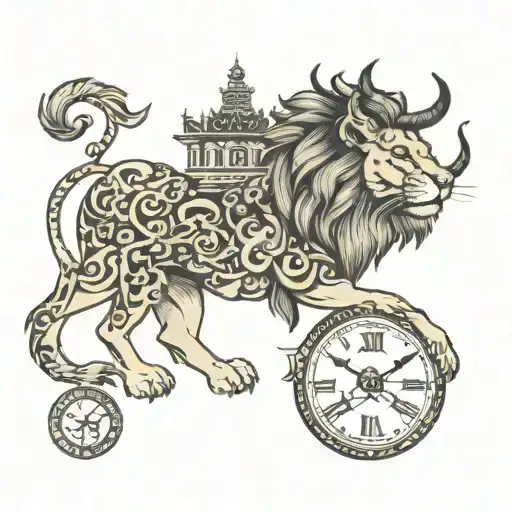 lion, Taurus, clock, ship Angkor   tattoo design idea