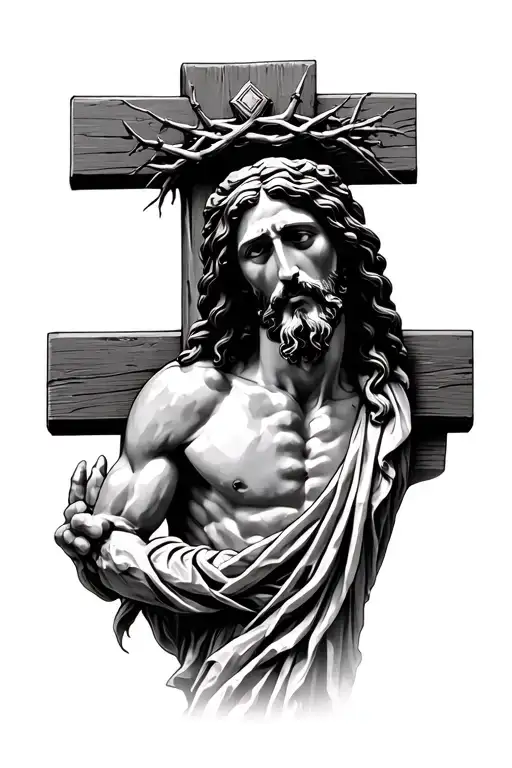 Jesus on cross thorn crown looking down from afar tattoo design idea