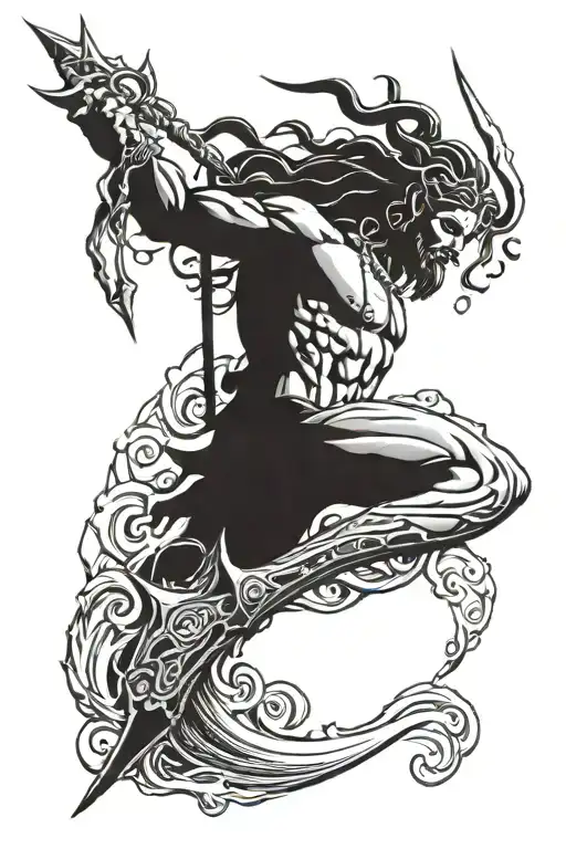 A trident coming out of the ocean with Lord Shiva on one side and Greek god Poseidon on the other side. tattoo design idea