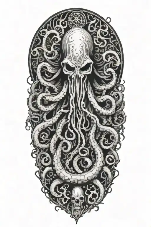 Lovecraftian horror, old one, tentacles, hooded cultists tattoo design idea