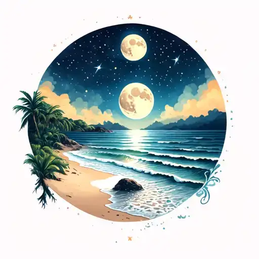 Moon with beach and starry sky tattoo design idea