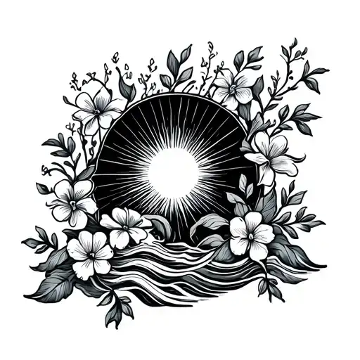fine line sun casting rays onto a delicate vine with flowers with ocean waves and euopean vibes  tattoo design idea