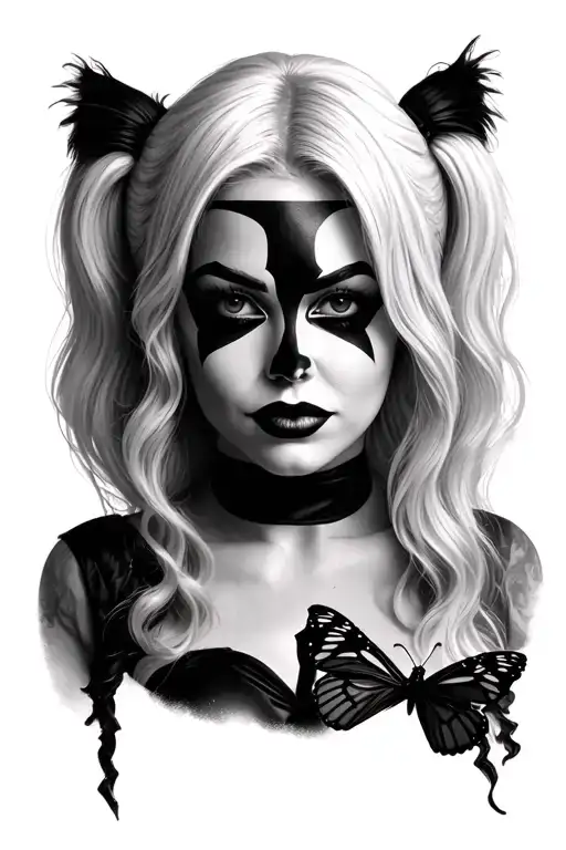 Harley Quinn inspired portrait looking forward. Holding a butterfly. Black and grey. Alexa Bliss. Face only. tattoo design idea