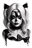 Harley Quinn inspired portrait looking forward. Holding a butterfly. Black and grey. Alexa Bliss. Face only. tattoo design idea