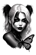 Harley Quinn inspired portrait looking forward. Holding a butterfly. Black and grey. Alexa Bliss. Face only. tattoo design idea