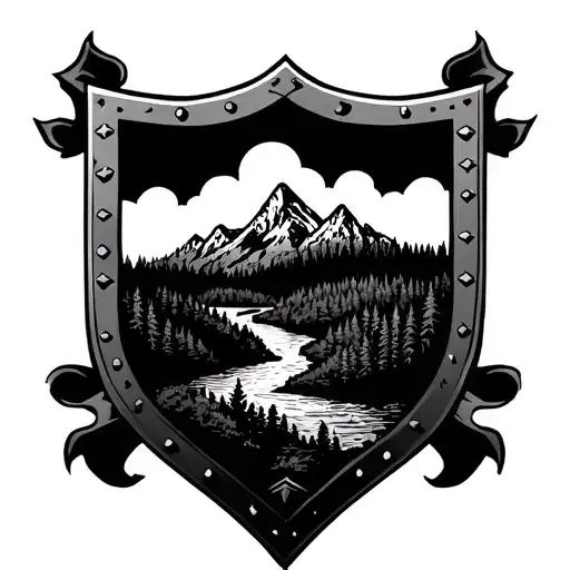 Templar shield perimeter with mountain range and forest inside and stream running from the middle towards mountains tattoo design idea