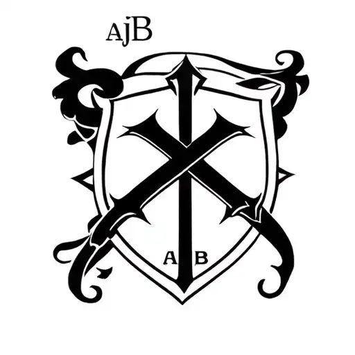 "AJB" heraldic shield with upper containing black unique ajb monogram. lower shield a solid simple blackcross in circle tattoo design idea