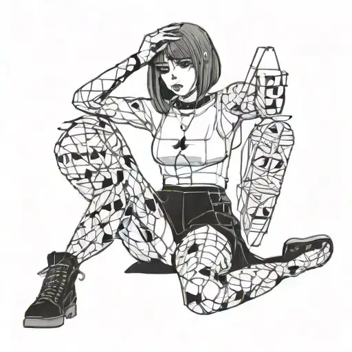 slim thick goth girl, emo short cute, nude, sexy, skirt, fishnet, lingerie, introverted, hot, ahegao, jack o pose, sweat tattoo design idea