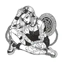 slim thick goth girl, emo short cute, nude, sexy, skirt, fishnet, lingerie, introverted, hot, ahegao, jack o pose, sweat tattoo design idea
