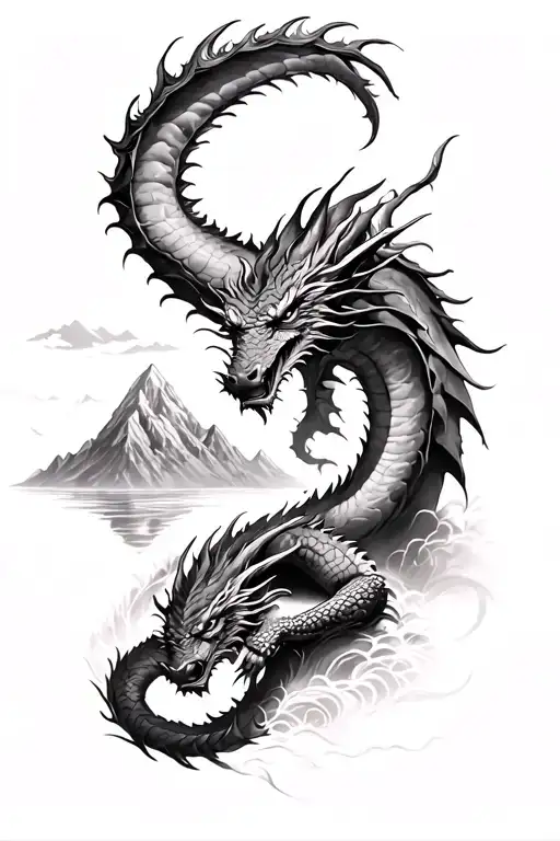 dragon sleeping at bottom of mountain range surrounded tattoo design idea