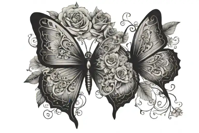 bible cross in a butterfly. with little details around it  tattoo design idea