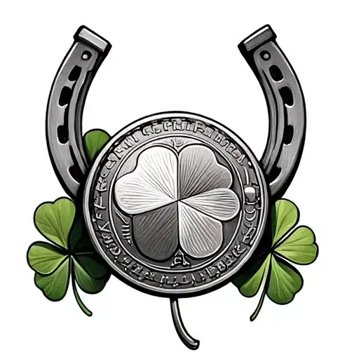 Coin and horseshoe and 4 leaf clover tattoo design idea