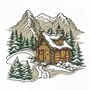 mountains cabin covered in snow tattoo design idea