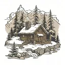 mountains cabin covered in snow tattoo design idea