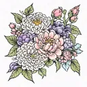 chrysanthemum, honeysuckle, carnation, aster, violet and sweet pea flowers tattoo design idea