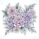 chrysanthemum, honeysuckle, carnation, aster, violet and sweet pea flowers tattoo design idea