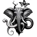 An elephant, butterfly, semicolon, medusa snakes, maleficent, and poison tree tattoo design idea