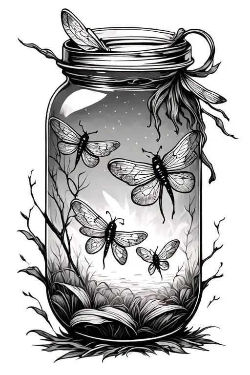 A tattoo based on the book firefly lane, with a Jar with 3 fireflies, one is in the jar 2 are flying out. fine line  tattoo design idea