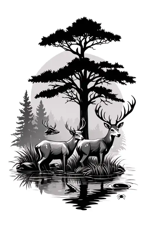 two deer in wooded forest with pond. also would like a tree frog toward the front and a spide somewhere  tattoo design idea