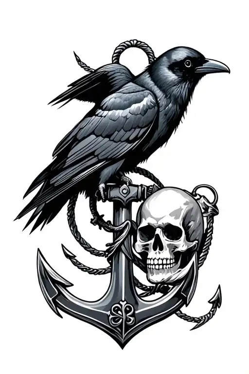 crow and skull on fouled anchor tattoo design idea