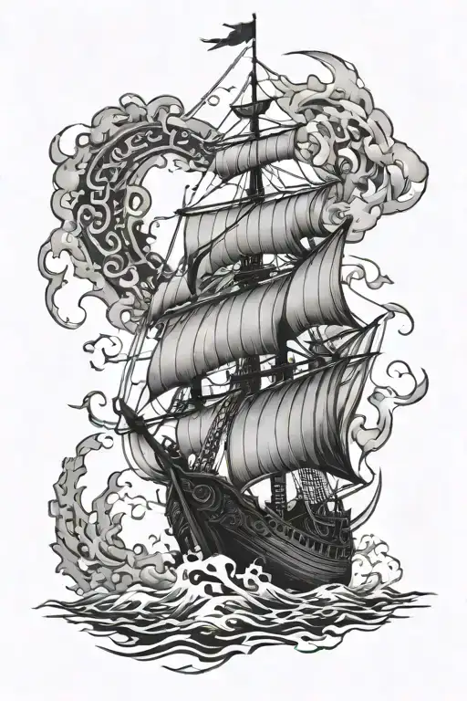 burning viking ship ruins intertwined tattoo design idea