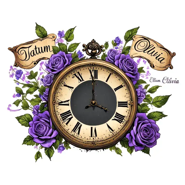 "Tatum Olivia" old clock surrounded with purple roses and Tatum Olivia in cursive on the top right  tattoo design idea