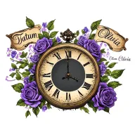 "Tatum Olivia" old clock surrounded with purple roses and Tatum Olivia in cursive on the top right  tattoo design idea