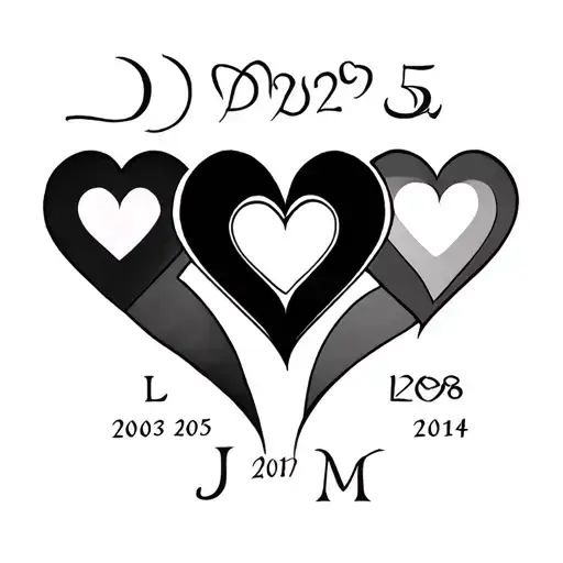 5 hearts with D 2003, L 2005, H 2008, J 2010 and M 2014  tattoo design idea