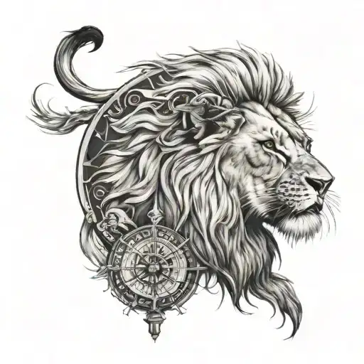 lion with compass tattoo design idea