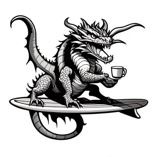 cartoon dragon drinking coffee riding surfboard tattoo design idea