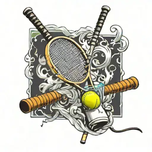 A tennis racket intertwined with ski poles, with a smoke and drink in the background tattoo design idea